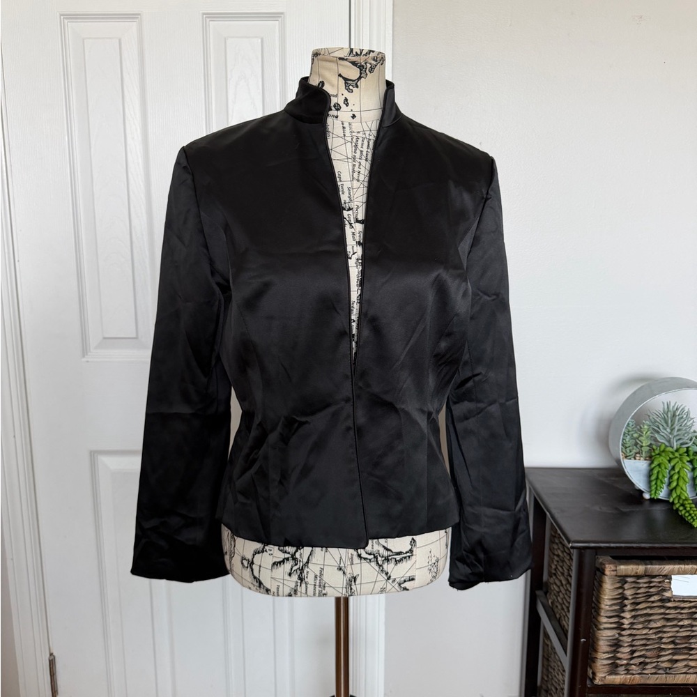 Satin Vintage Tailored Minimalist Solid Formal Evening Elegant Black Blazer  12